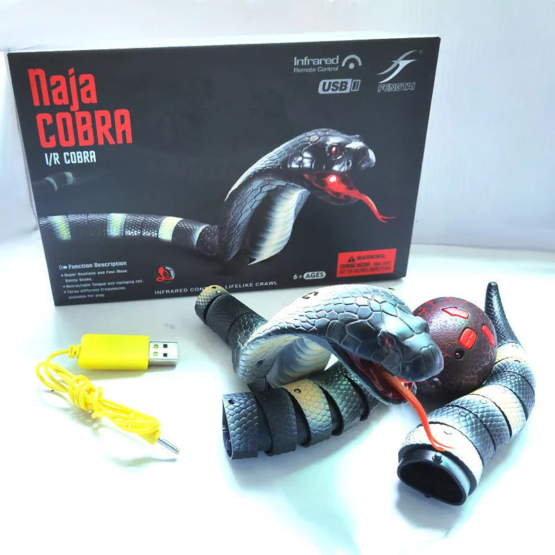 USB rechargeable automatic electronic snake cat toy with segmented plastic body on a floor.
