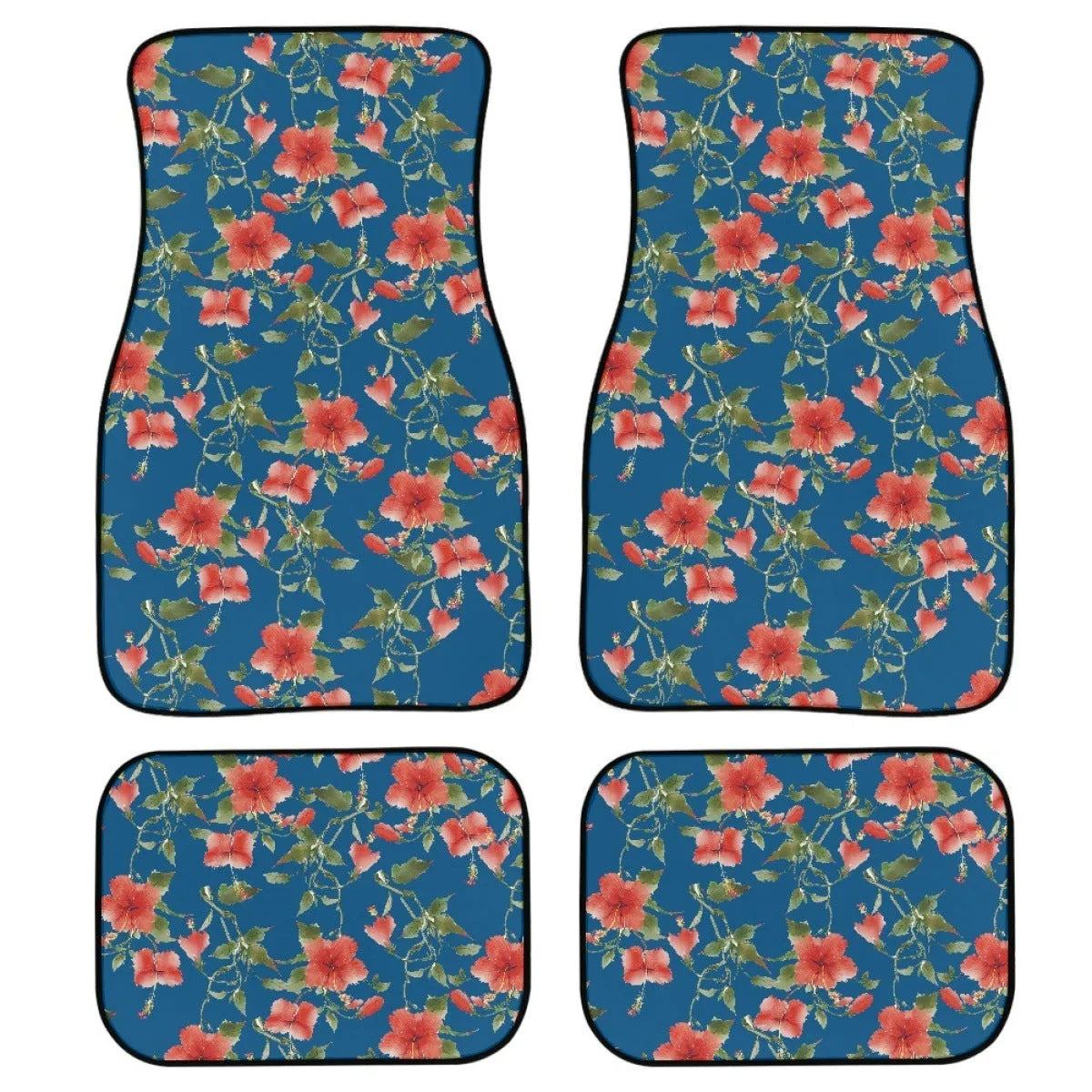 Black four-piece rubber car foot mat set showing textured surface and 20mm thick edge.