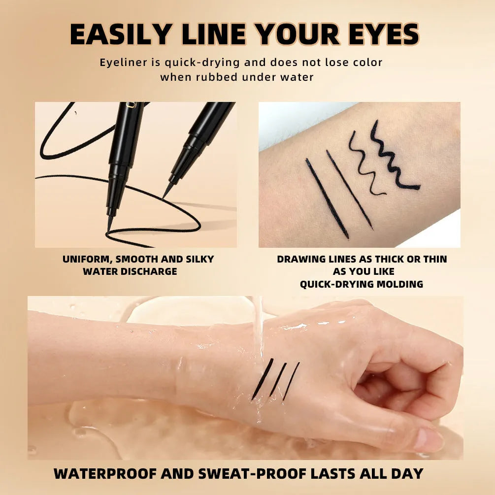 Black liquid eyeliner pen with sweat-proof and quick-drying properties.