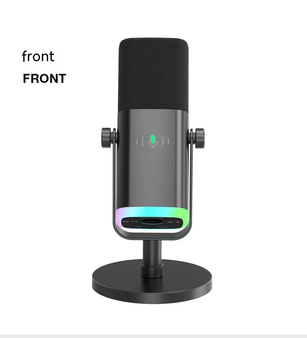 Dynamic cardioid microphone in black with USB-C cable, XLR cable, and adjustable desktop stand