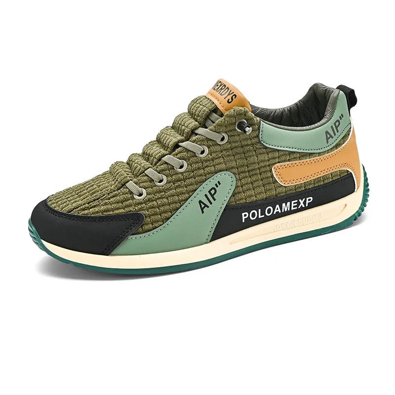 Men's grey and green mesh running shoes with lace-up front and low-top design