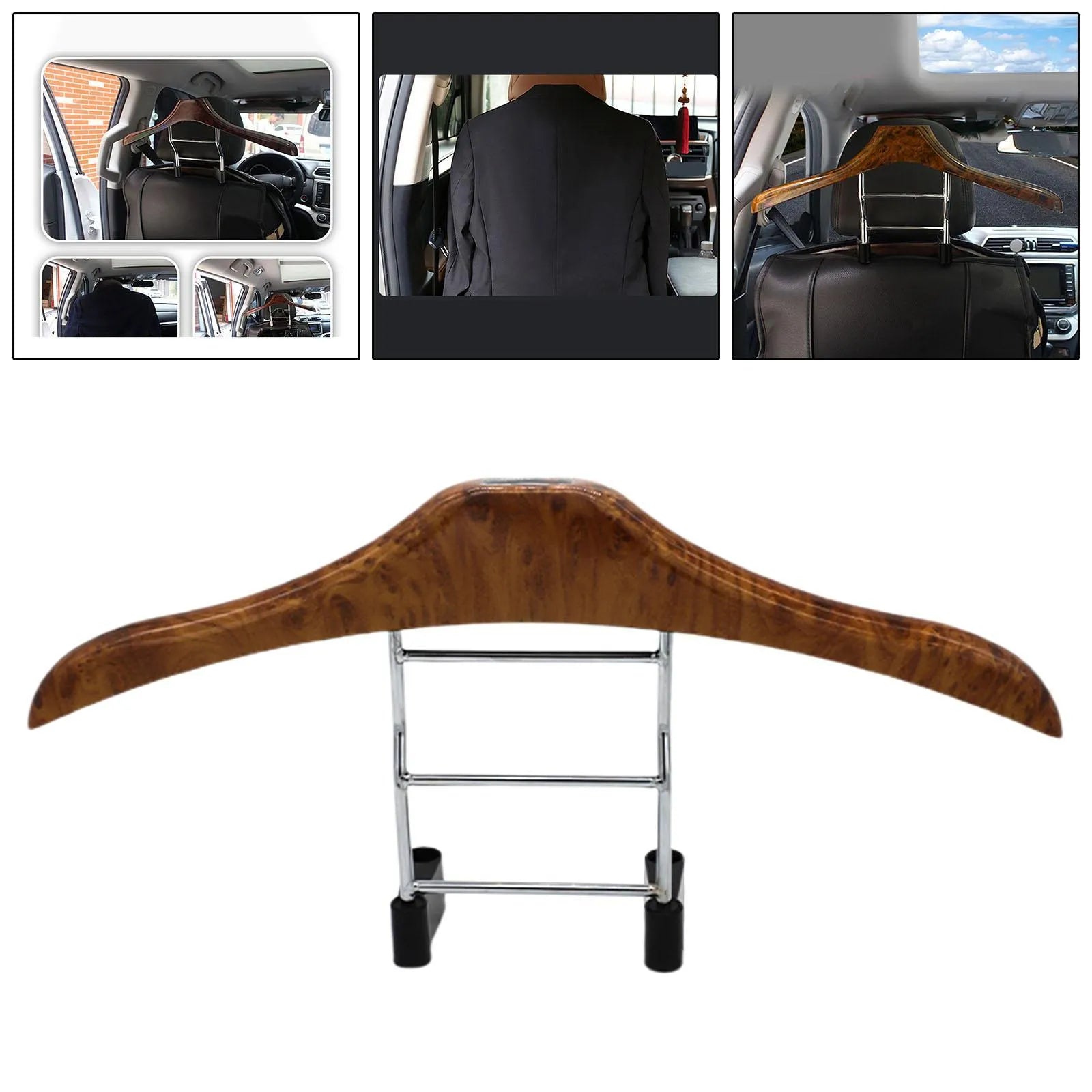 Wood yellow stainless steel car mounted clothes hanger with detachable hook for suits and coats