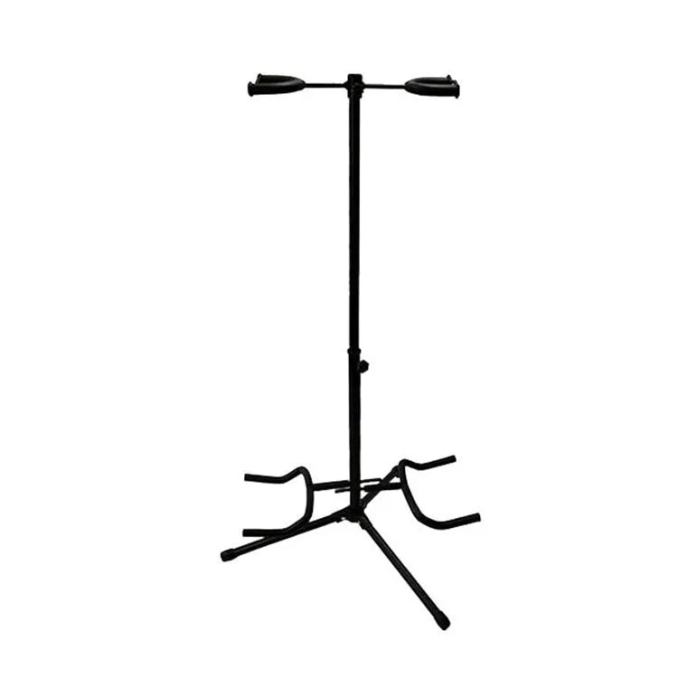 Black vertical double-headed adjustable iron guitar stand on a tripod base.