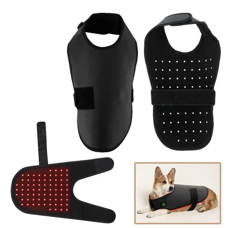 Black pet red light infrared physiotherapy device with wireless portable design and protective cover.