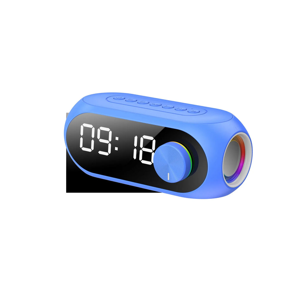 Mini portable Bluetooth speaker with extra bass and digital clock display in black, white, or blue