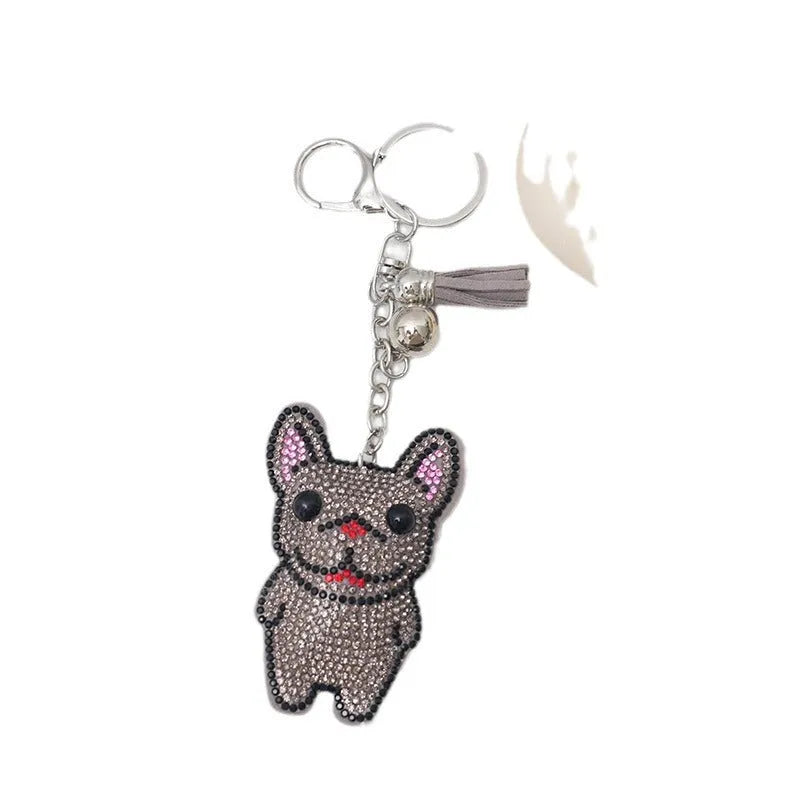 French dog cartoon rhinestone keychain pendant in choice of four colours with alloy electroplated finish
