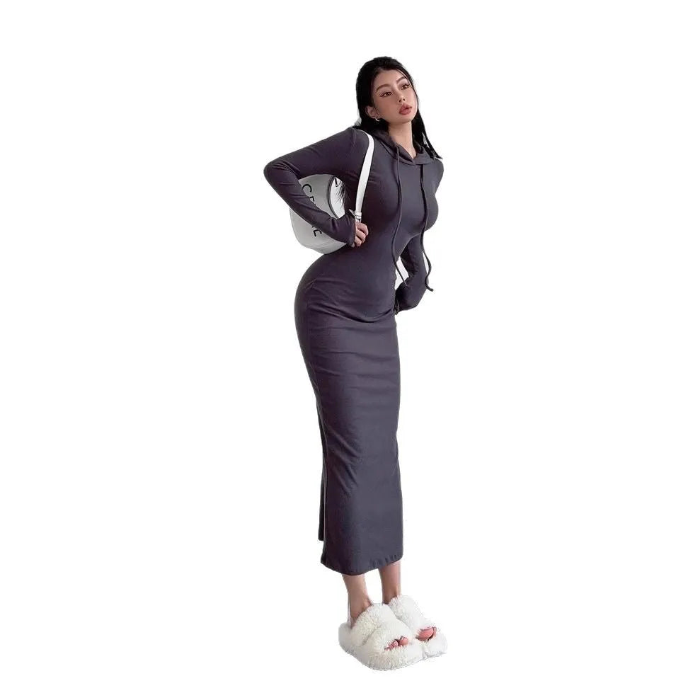 Women's grey hooded long sleeve sheath dress with a high waist and knee-length skirt.