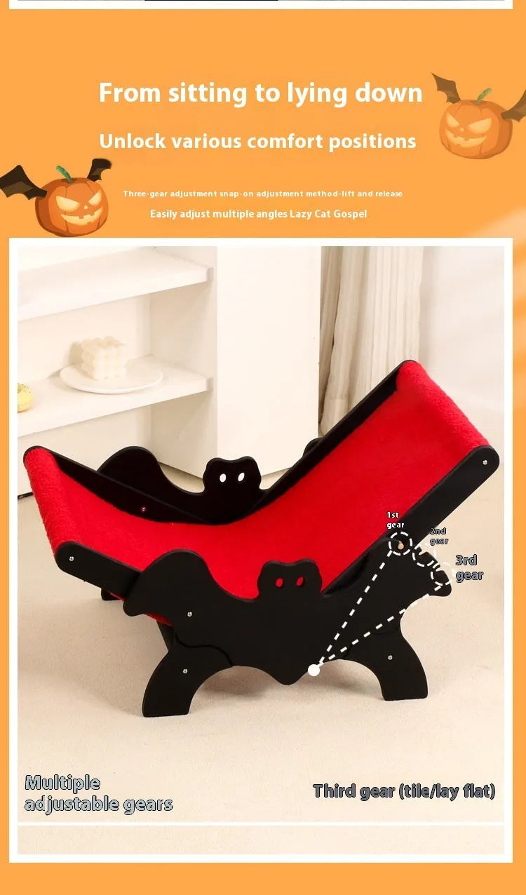 Black and red Halloween themed wooden cat recliner bed on elevated platform