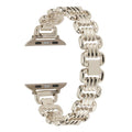 Metal alloy Apple Watch bracelet in silver colour showing band details and connector