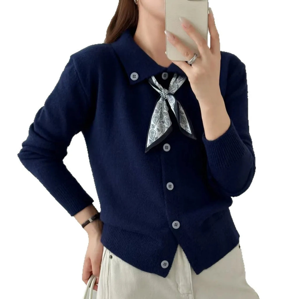Women's lapel scarf sweater cardigan in acrylic fibre, shown in a neutral colour with long sleeves.