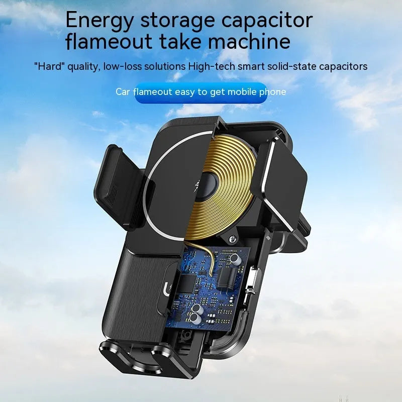 Black car wireless phone charger holder with 15W fast charging, shown with suction cup and clip mounting options.