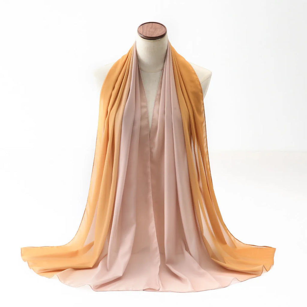 Lightweight chiffon bubble towel texture scarf for women in a summer colour, showing its length.
