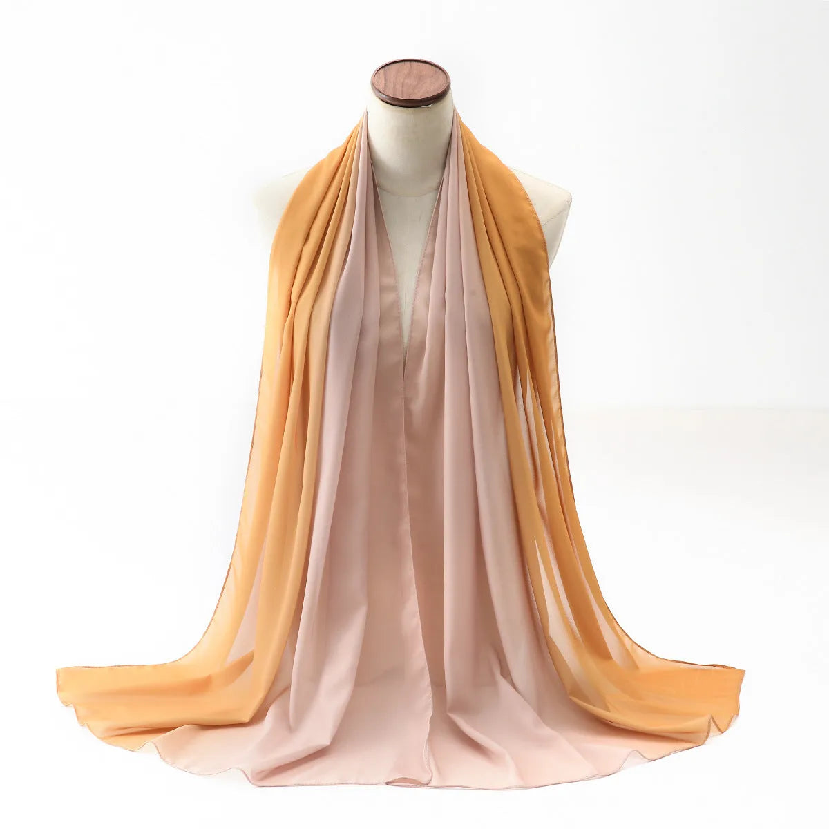 Lightweight chiffon bubble towel texture scarf for women in a summer colour, showing its length.