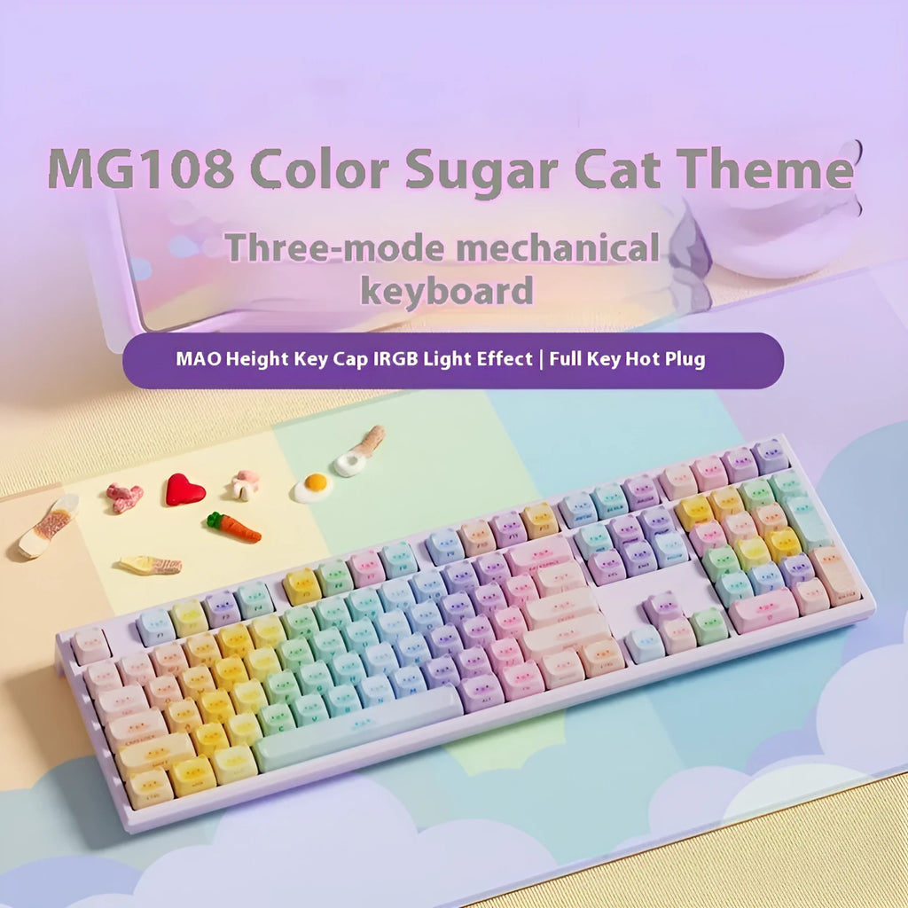 Bluetooth mechanical keyboard with sugar cat design in MG108B colours showing piano-style switches