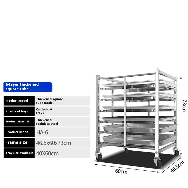 Stainless steel six-tier baking rack with lock mechanism and large tray
