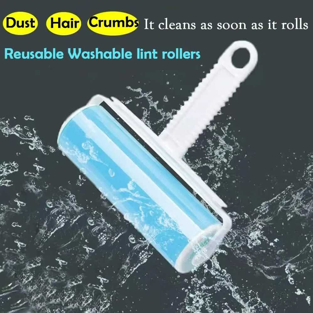 Blue reusable washable sticky lint roller with protective cover for removing pet hair.