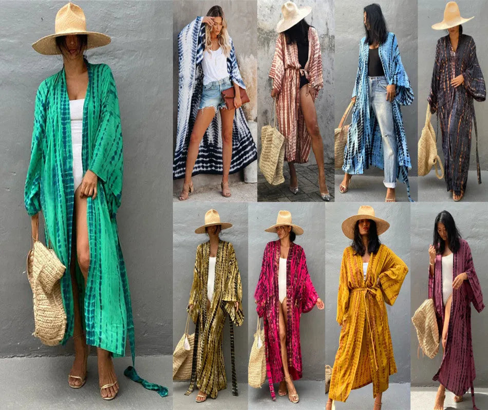Women's long loose cotton beach cover-up shirt in printed DN0712 colour design.