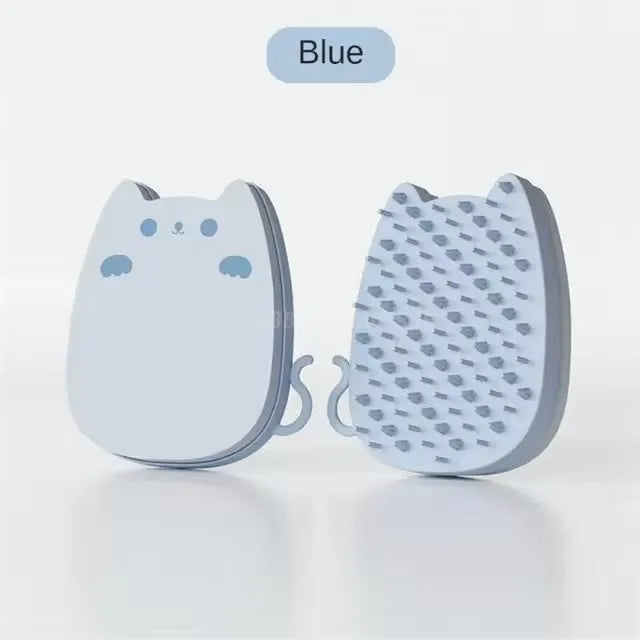Sponge silicone pet comb brush in blue colour with two bristle types for cat and dog grooming
