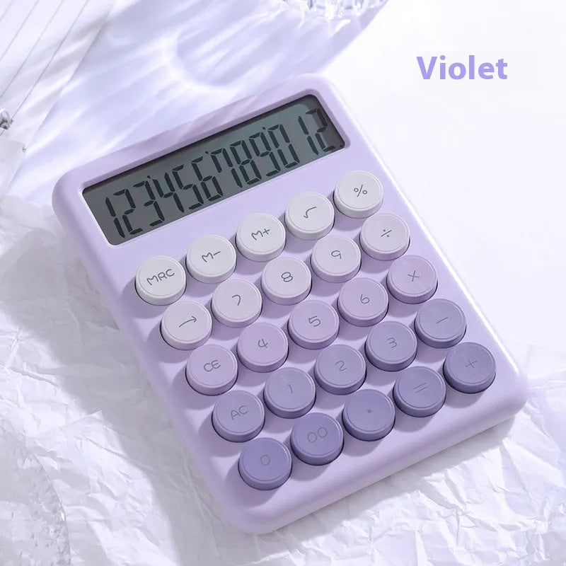 Desk calculator with gradient colour design in pastel violet, pink, blue, and green shades