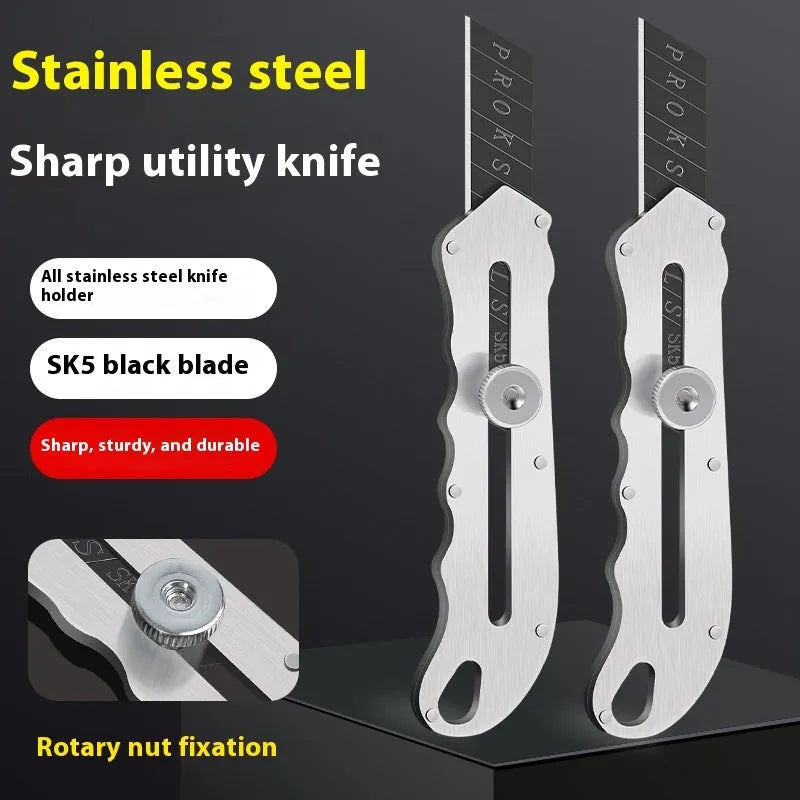 Stainless steel folding art knife with black blade and pack of replacement blades