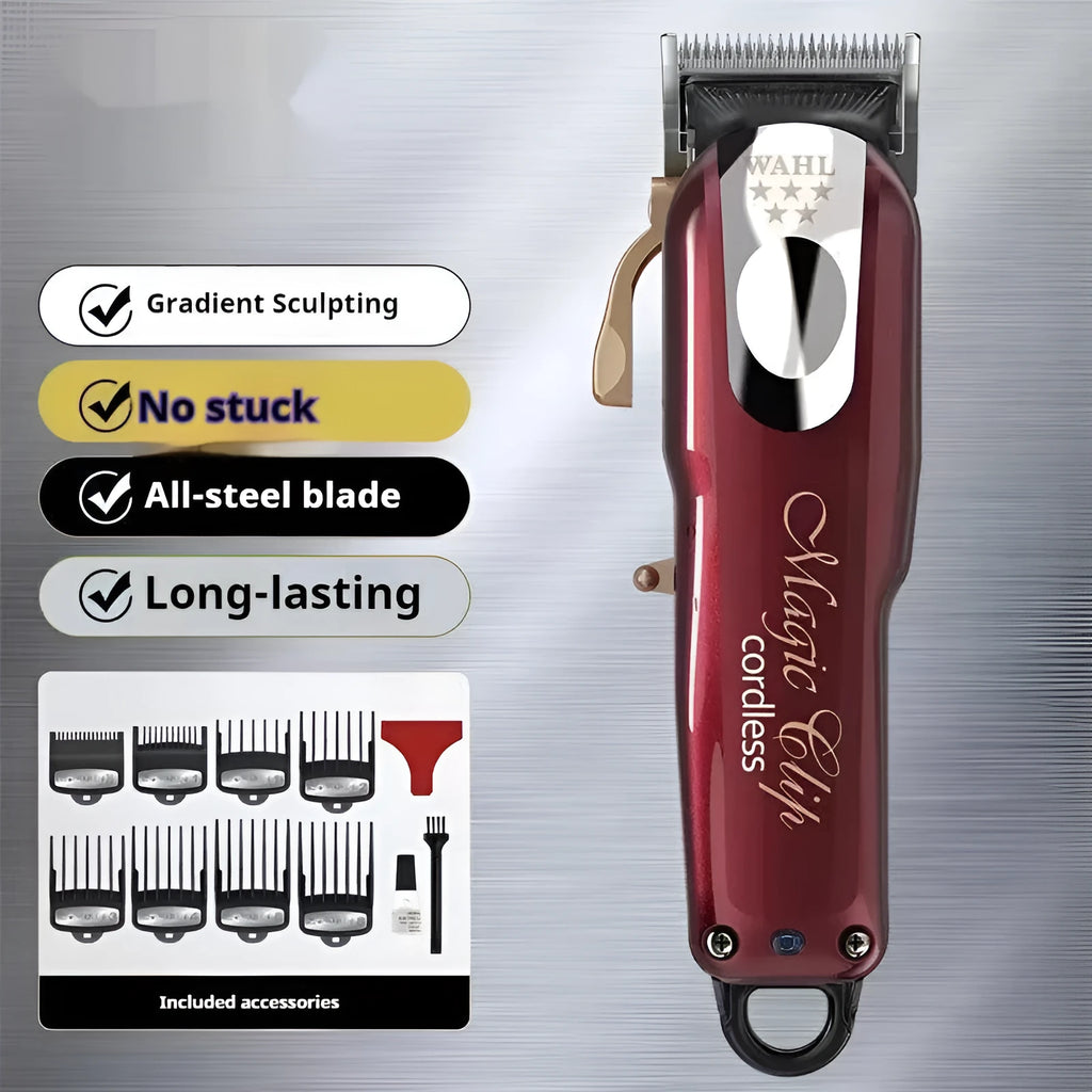 Charging cordless hair clippers with stainless steel cutter head on a stand, with UK, US and EU plug options.
