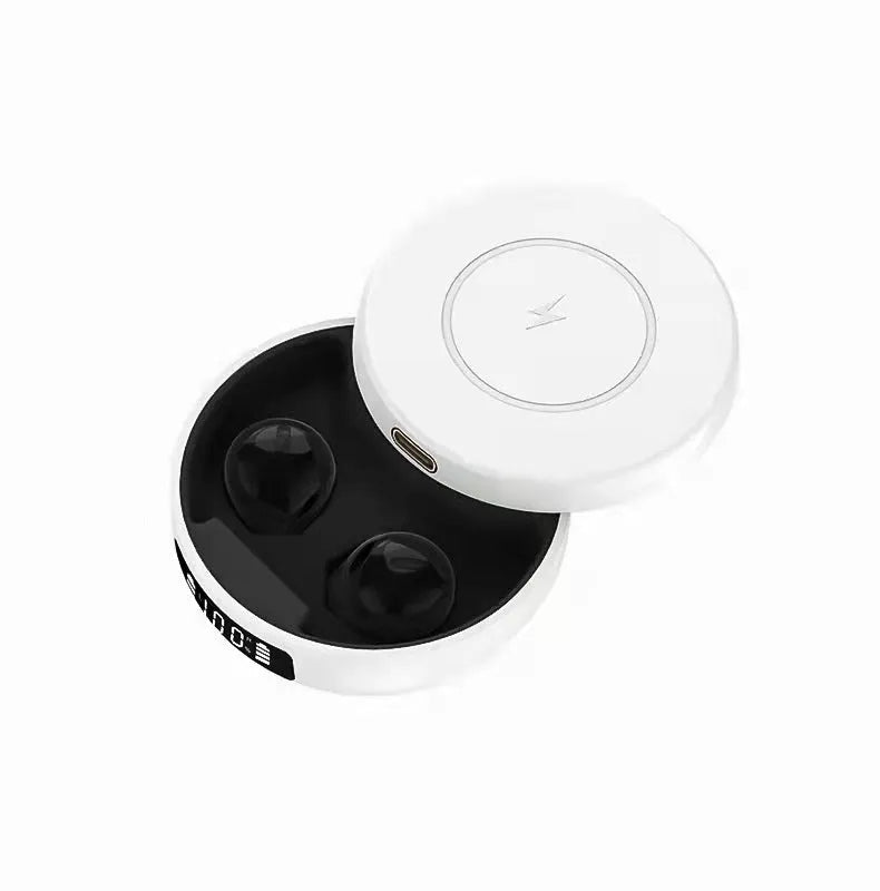 Mini small semi-in-ear wireless headphones with wireless charging case in black, white or colour