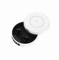 Mini small semi-in-ear wireless headphones with wireless charging case in black, white or colour