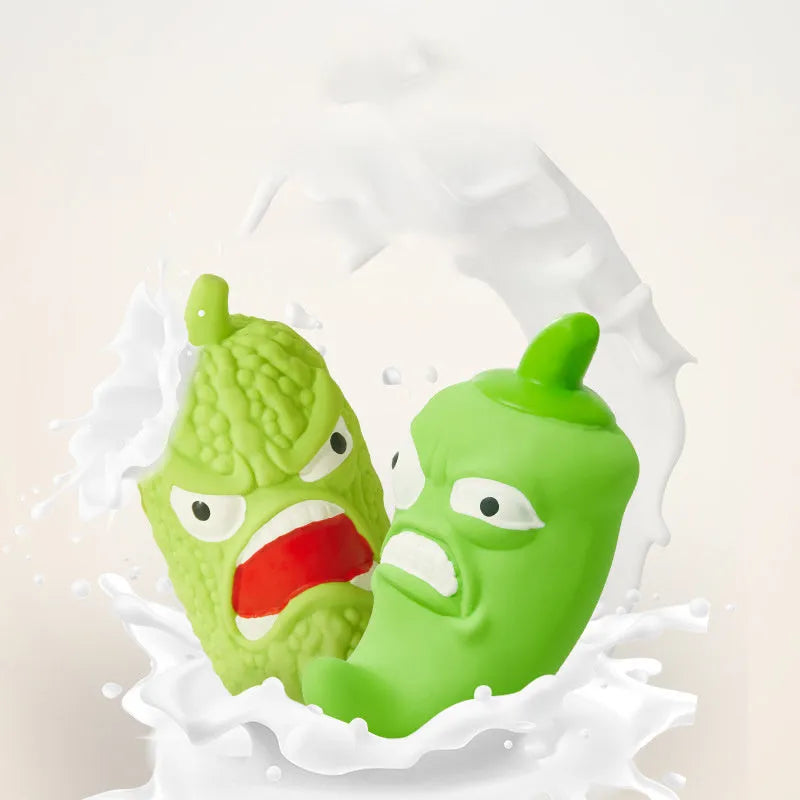 Bitter melon and chili shaped dog chewing toys with textured surfaces for dental cleaning
