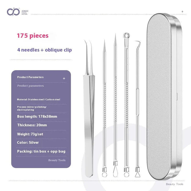 Four silver metal acne needles with ultra-fine pointed tips for skincare treatment.
