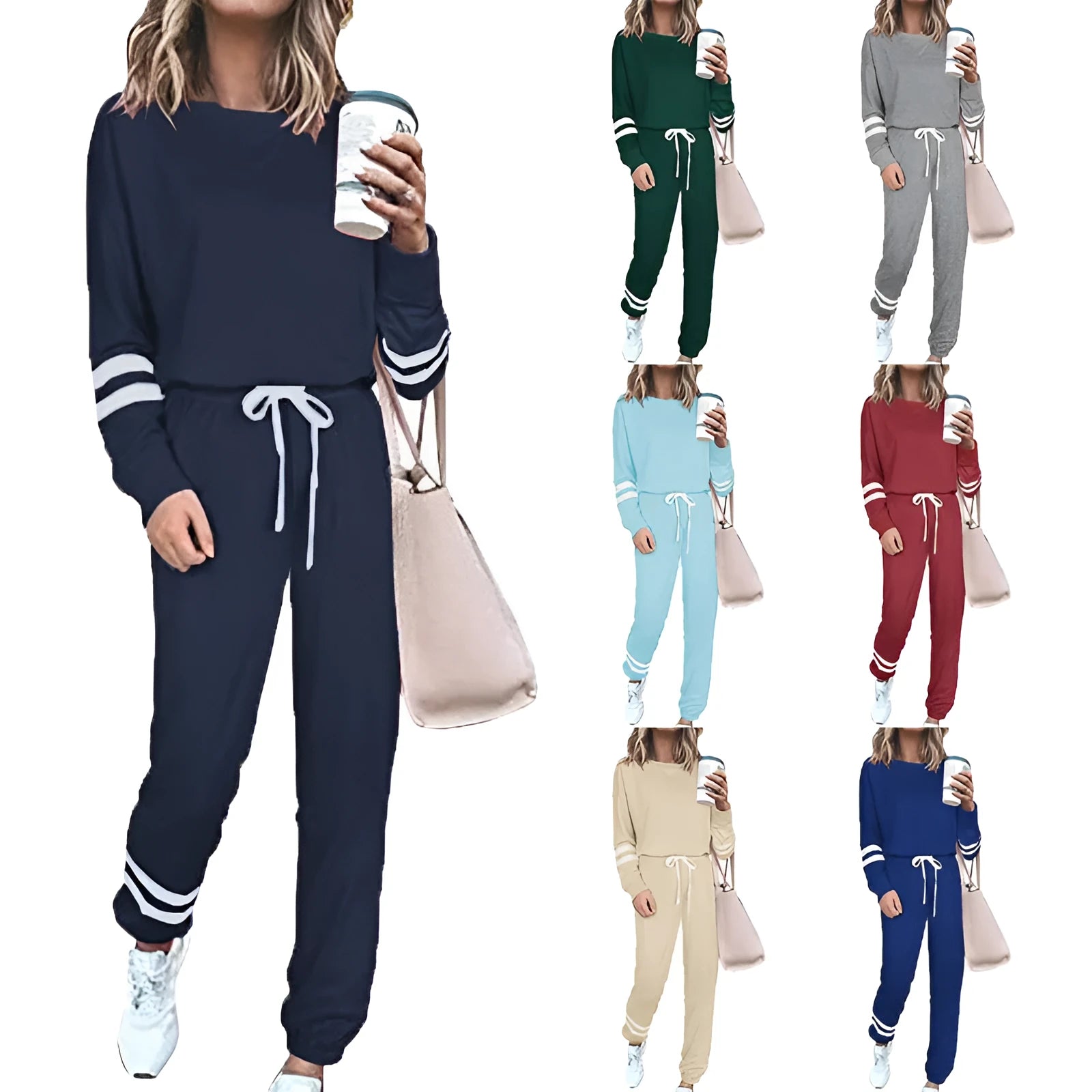 Women's plus size loose-fitting casual suit set in a solid colour, showing the long-sleeve top and matching trousers.