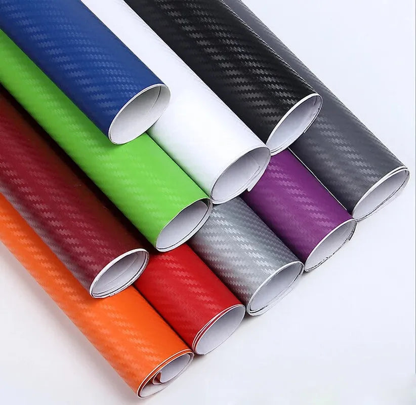 3D carbon fibre car stickers in eight colours including black, silver, blue on 30x127cm sheet