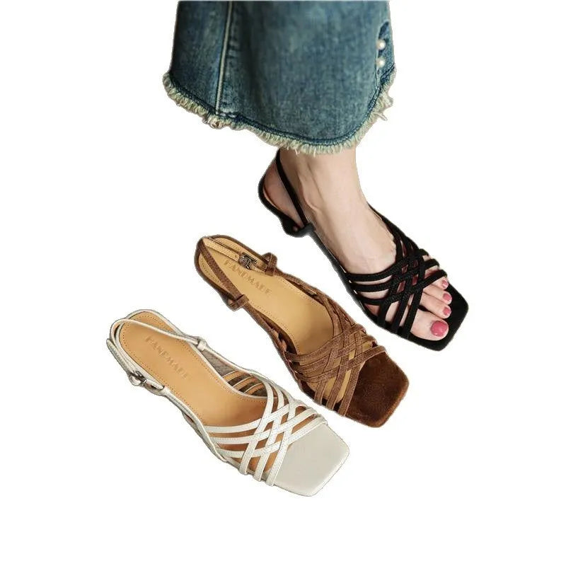 Retro-style women's ankle buckle high heel sandals with square toe and mid heel, shown in a neutral colour.