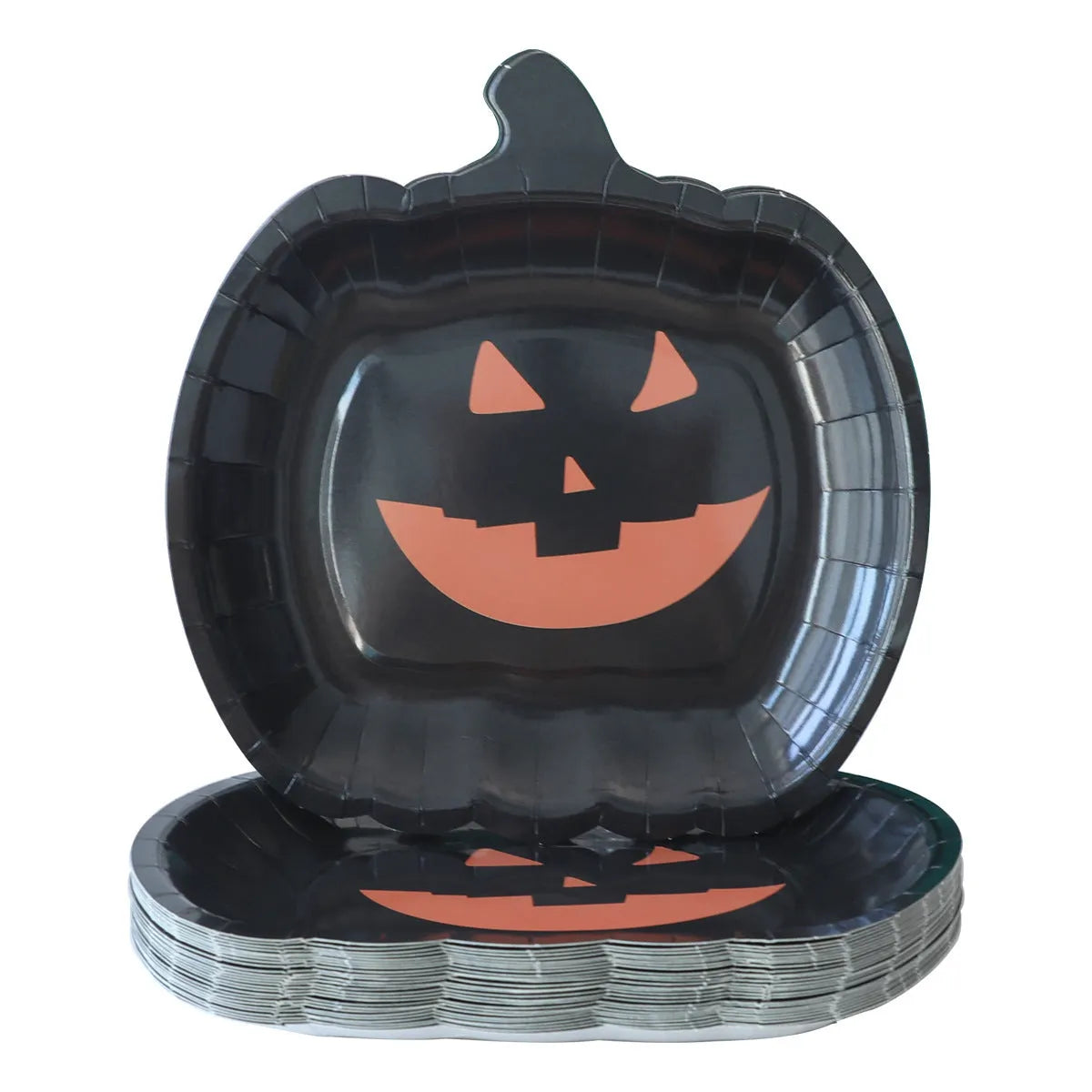 A pack of black disposable paper plates with a pumpkin design for Halloween, shown in 9-inch size.