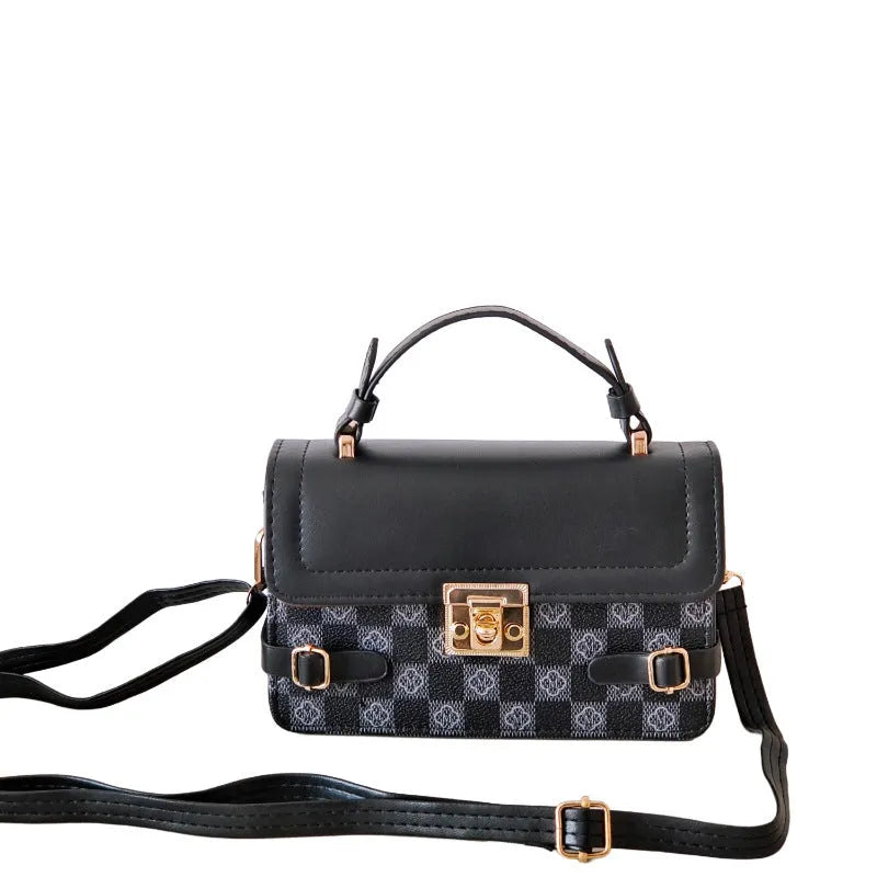 Retro square crossbody bag with floral stitching and plaid patterns in apricot colour