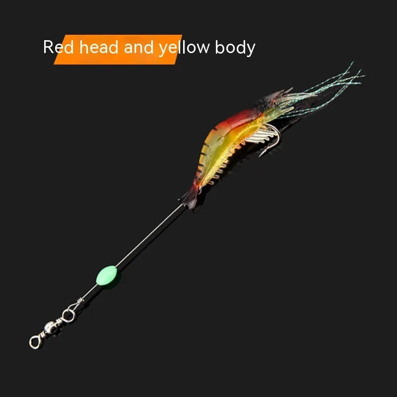 Six soft fishing lures with hooks in colours including black head yellow body, pink luminous, and red head yellow body.