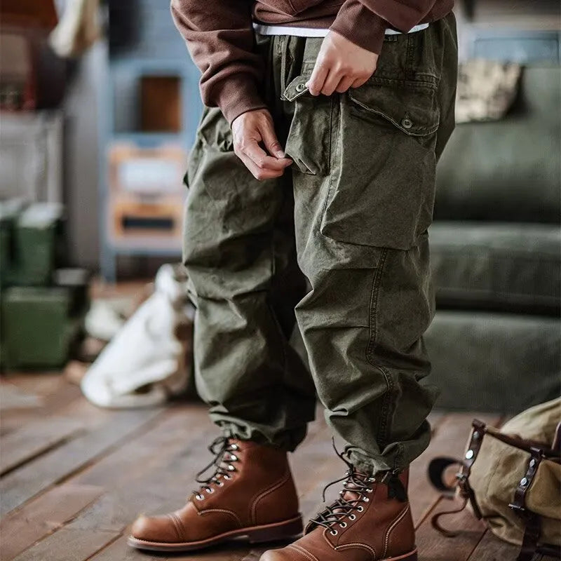 Men's multi-pocket corduroy cargo trousers in khaki, green or black, long straight drawstring no-fly design with belt