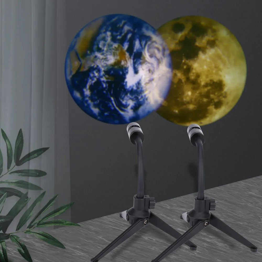 White star projector lamp with adjustable hose projecting an image of the earth onto a wall.