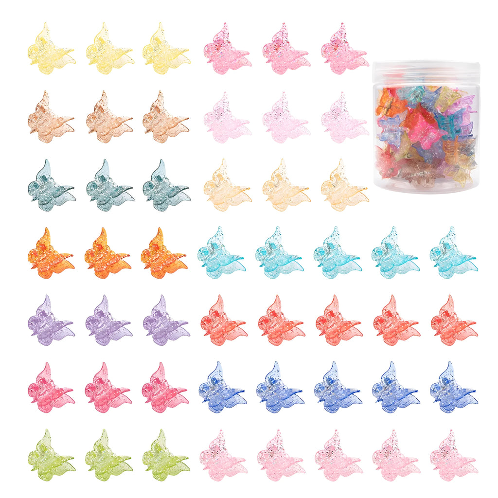 Assortment of 50 small glitter butterfly hair claw clips in 14 different colours on a white background.