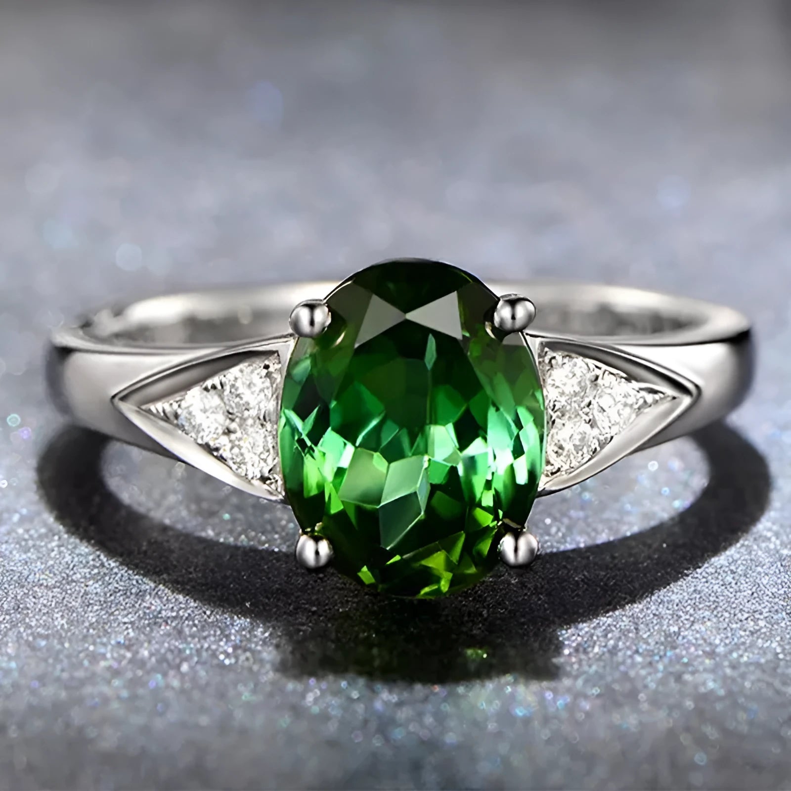 Women's court ring with natural blue zircon stones set in a delicate heart pattern on a silver-toned band.