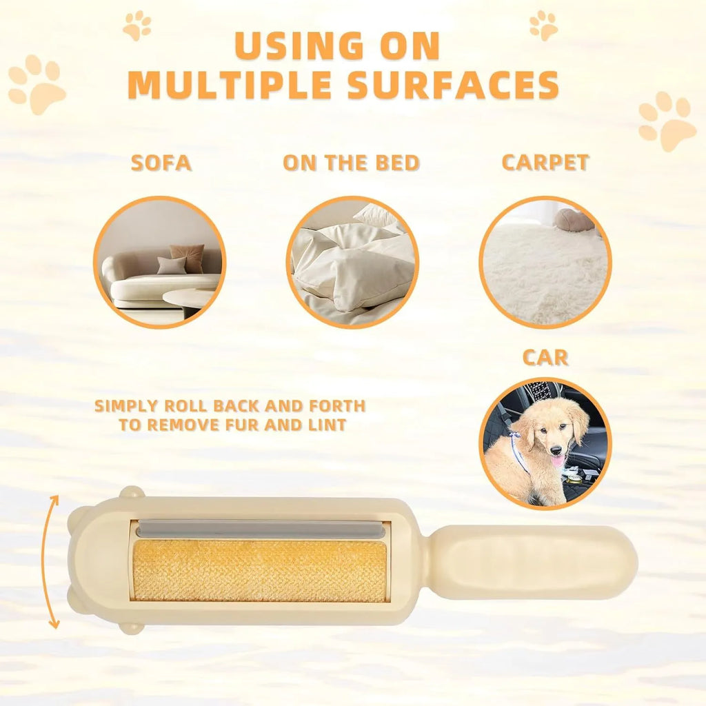Blue reusable pet hair remover tool with self-cleaning base on a fabric sofa.