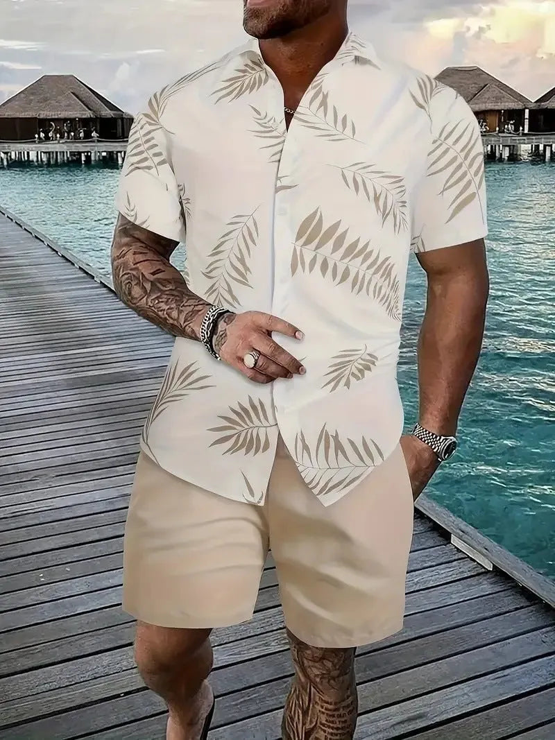 Men's Hawaiian shirt and shorts set with 3D printed tropical pattern design