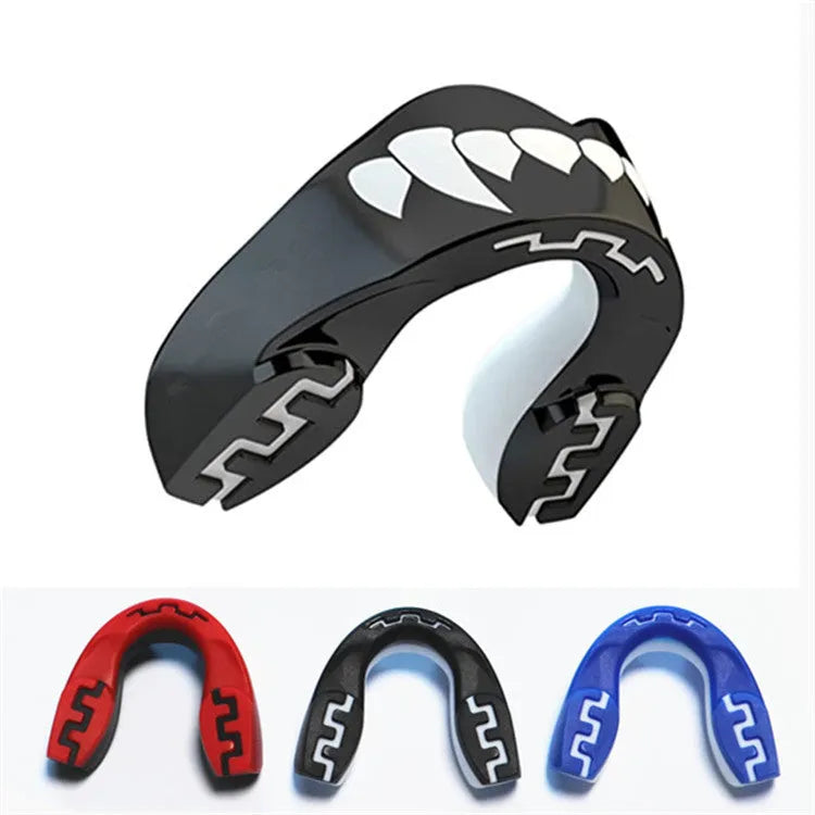 Adult boxing mouthguard with tooth socket free design in black and white printed teeth pattern