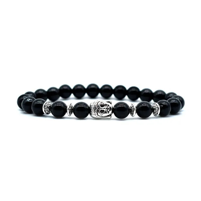 Handmade amethyst bead bracelet with a choice of tiger eye, black agate, pink crystal, or green gold Buddha head charm.