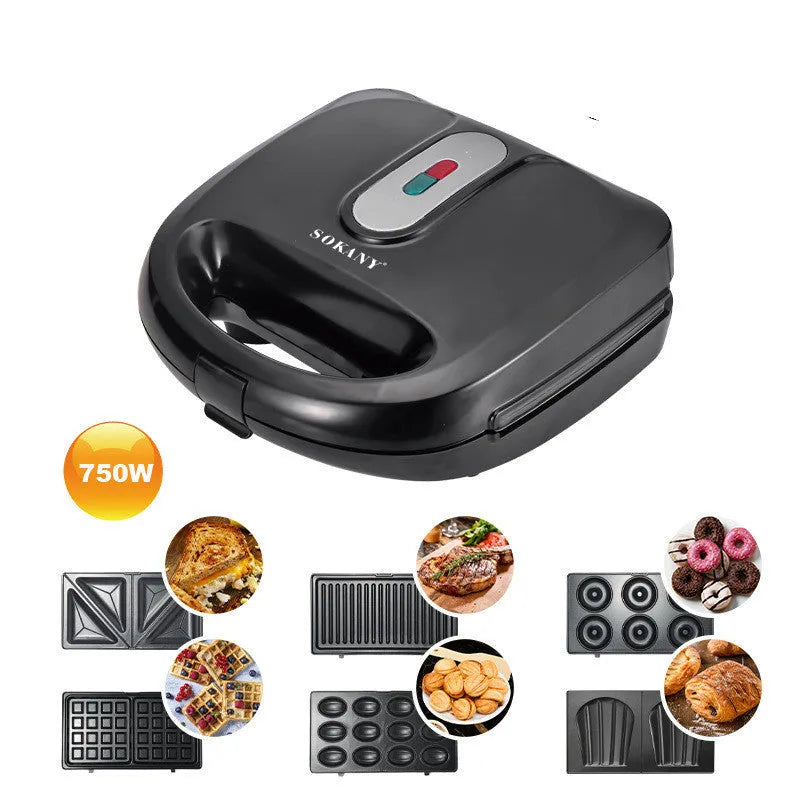 Black double-sided electric sandwich pan with six interchangeable non-stick plates and brushed stainless steel cover
