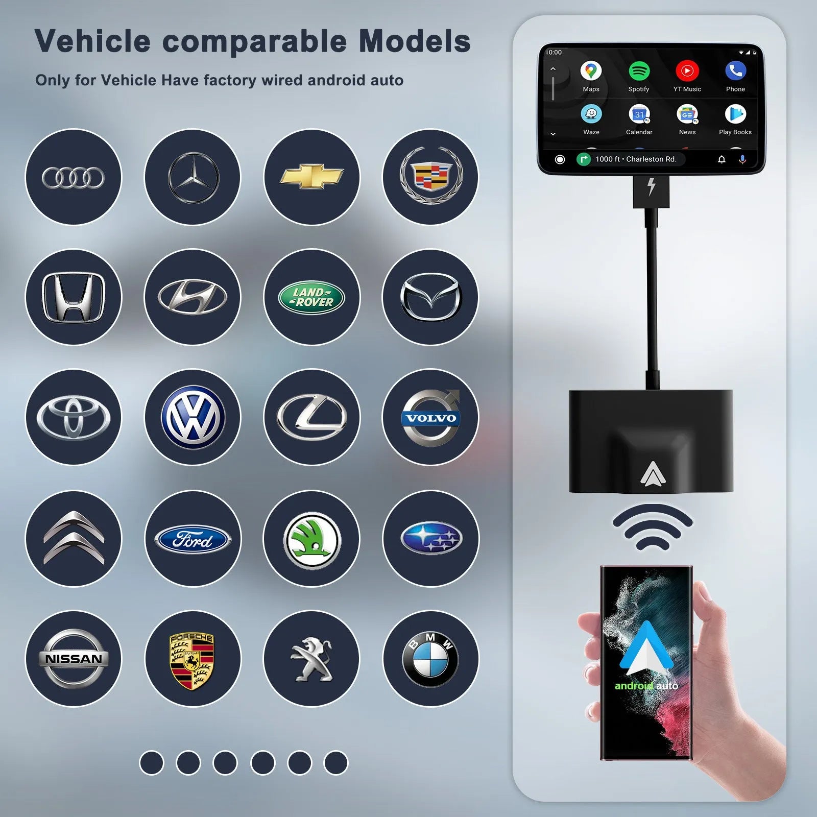 Original Car Wireless Android Auto Adaptor converting USB to wireless for Android phones in vehicles with CarPlay.