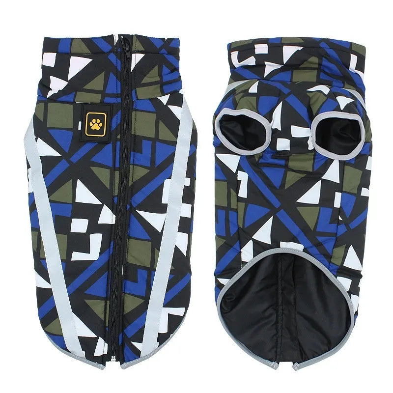 Reflective waterproof dog jacket in Geometric Blue design on a large breed dog.