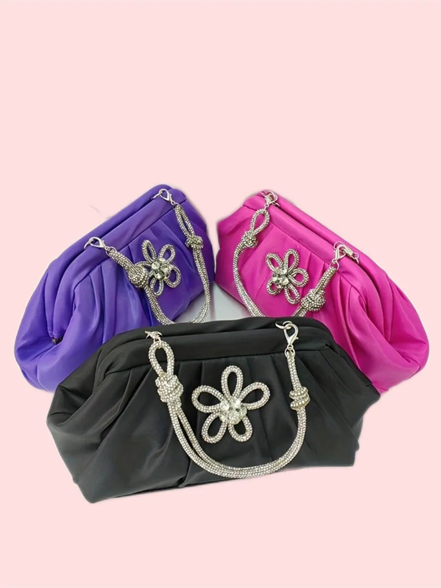 Women's soft polyester dinner bag messenger with shell shape, document organiser and diamond detailing in black, rose red or lavender purple
