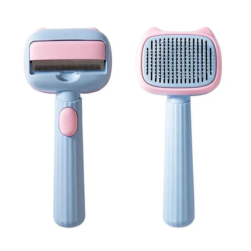 Blue double-sided pet grooming brush showing deshedding rake and dematting comb
