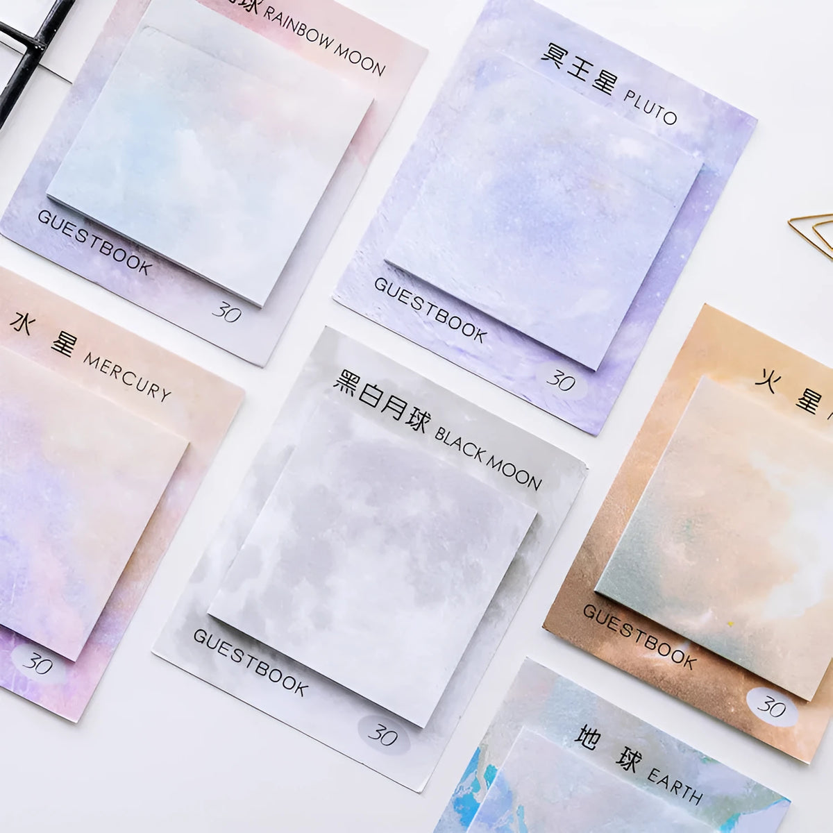 Square planet oil painting sticky notes notepad showing 7.3cm size and cover colour options.