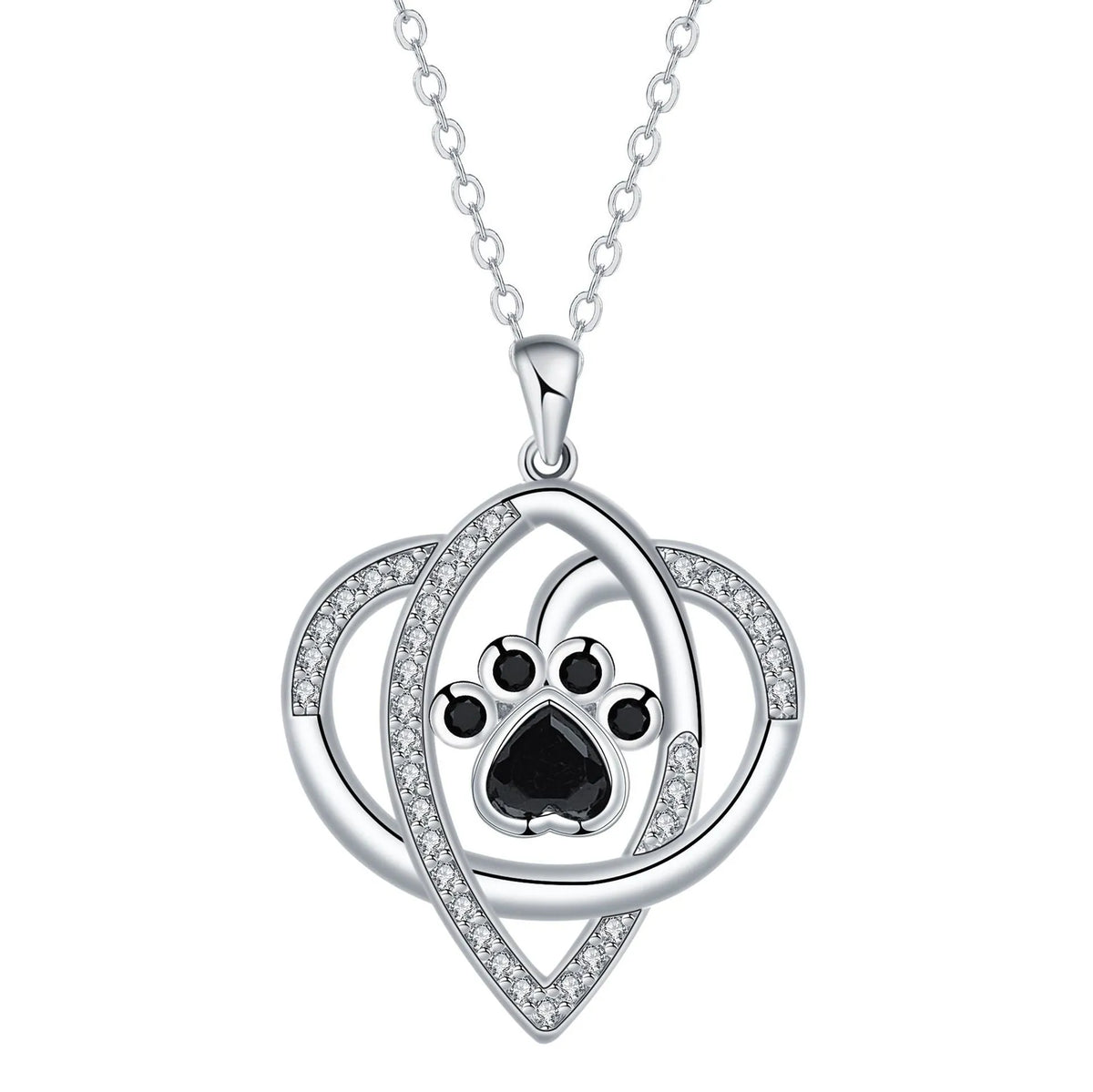 Close-up of a dog's paw print pendant necklace on a cross chain for women.